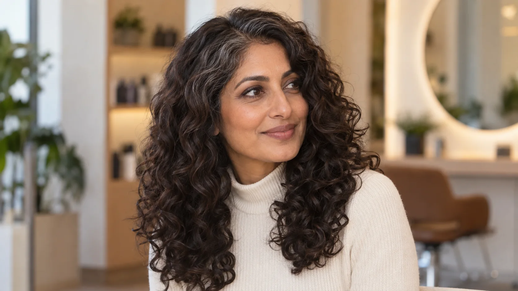 Subtle muted gray strands scattered through dark brown curls