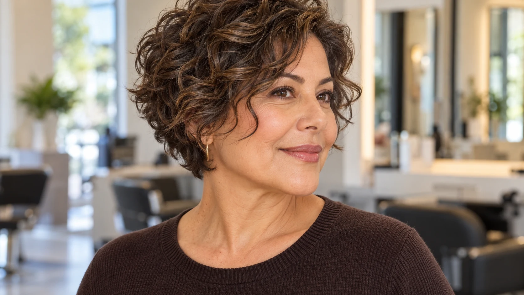 Woman over 50 wearing a soft brunette curly bixie with crown volume and longer sides.