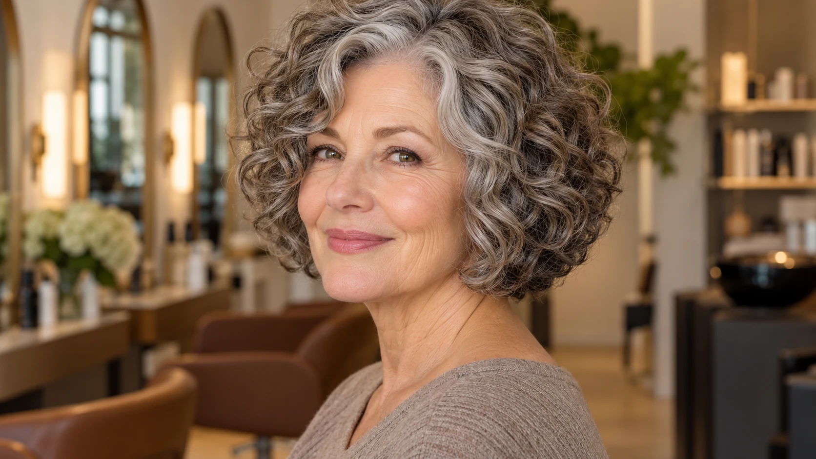 Woman over 50 wearing a salt-and-pepper layered curly bob with crown lift and full ends.