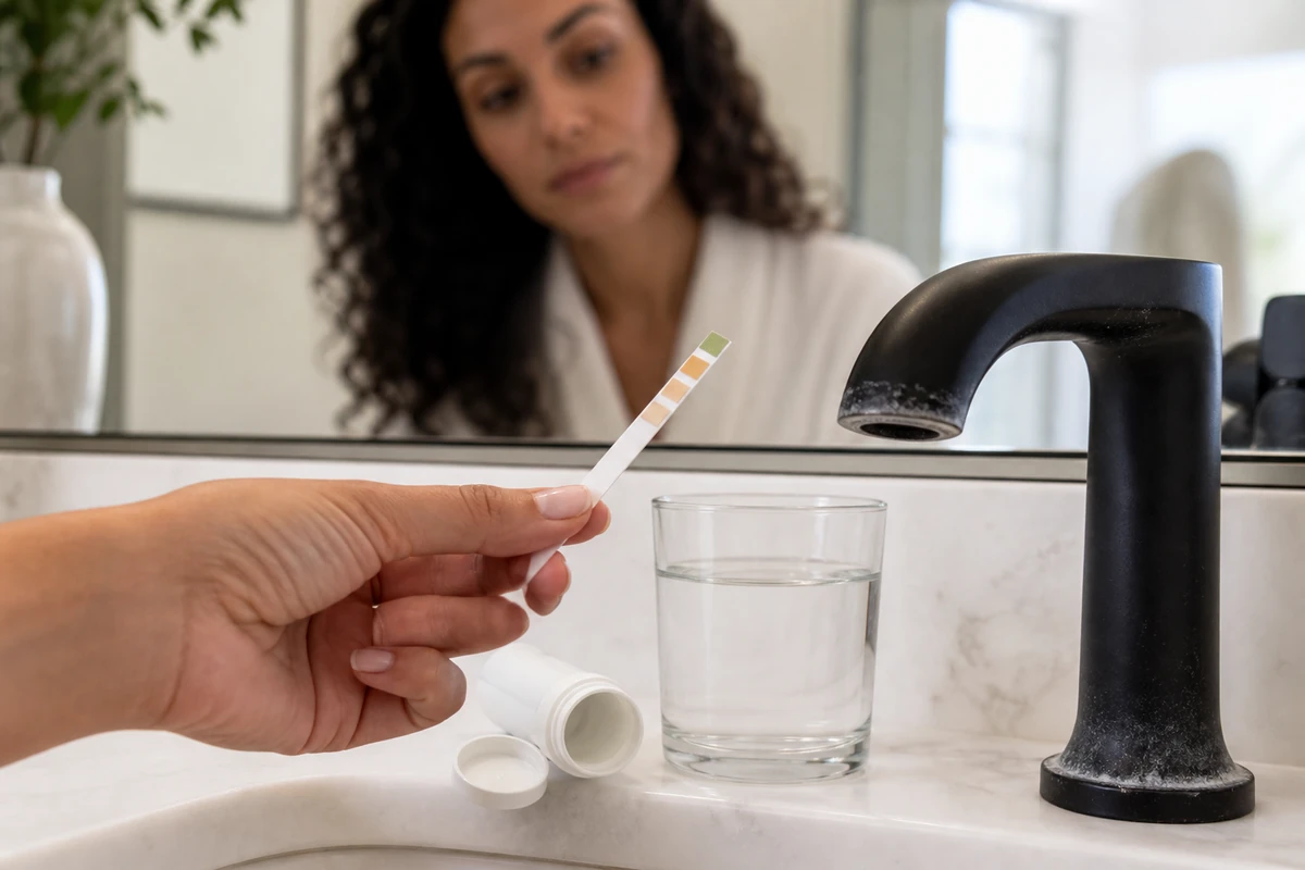 Water hardness test strip held beside a glass and mineral-scaled bathroom faucet