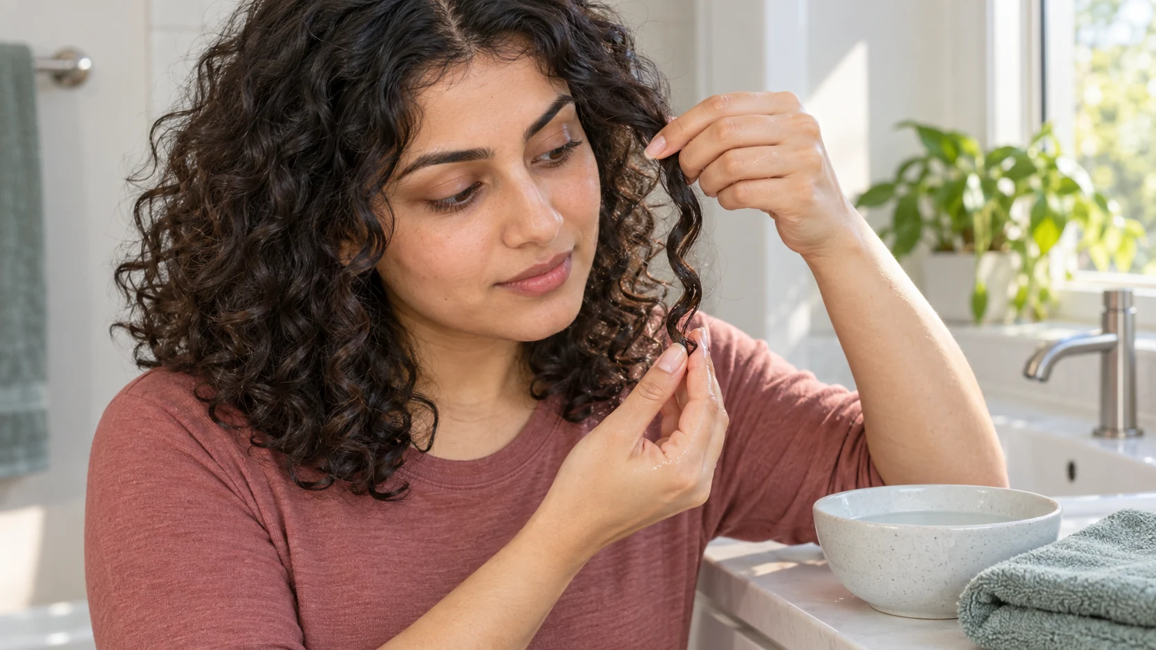 Woman smoothing water over one face-framing curl before adding more styling product