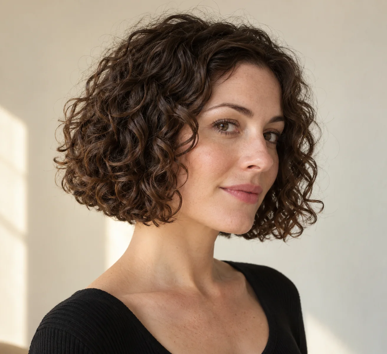 Chin-length blunt curly bob with a strong full perimeter
