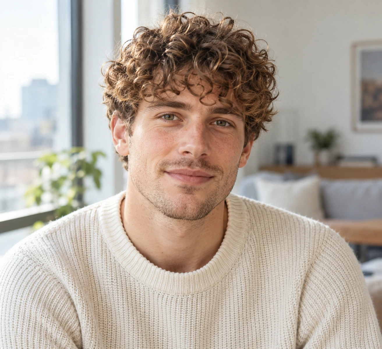 Man with a soft curly fringe landing naturally at eyebrow level