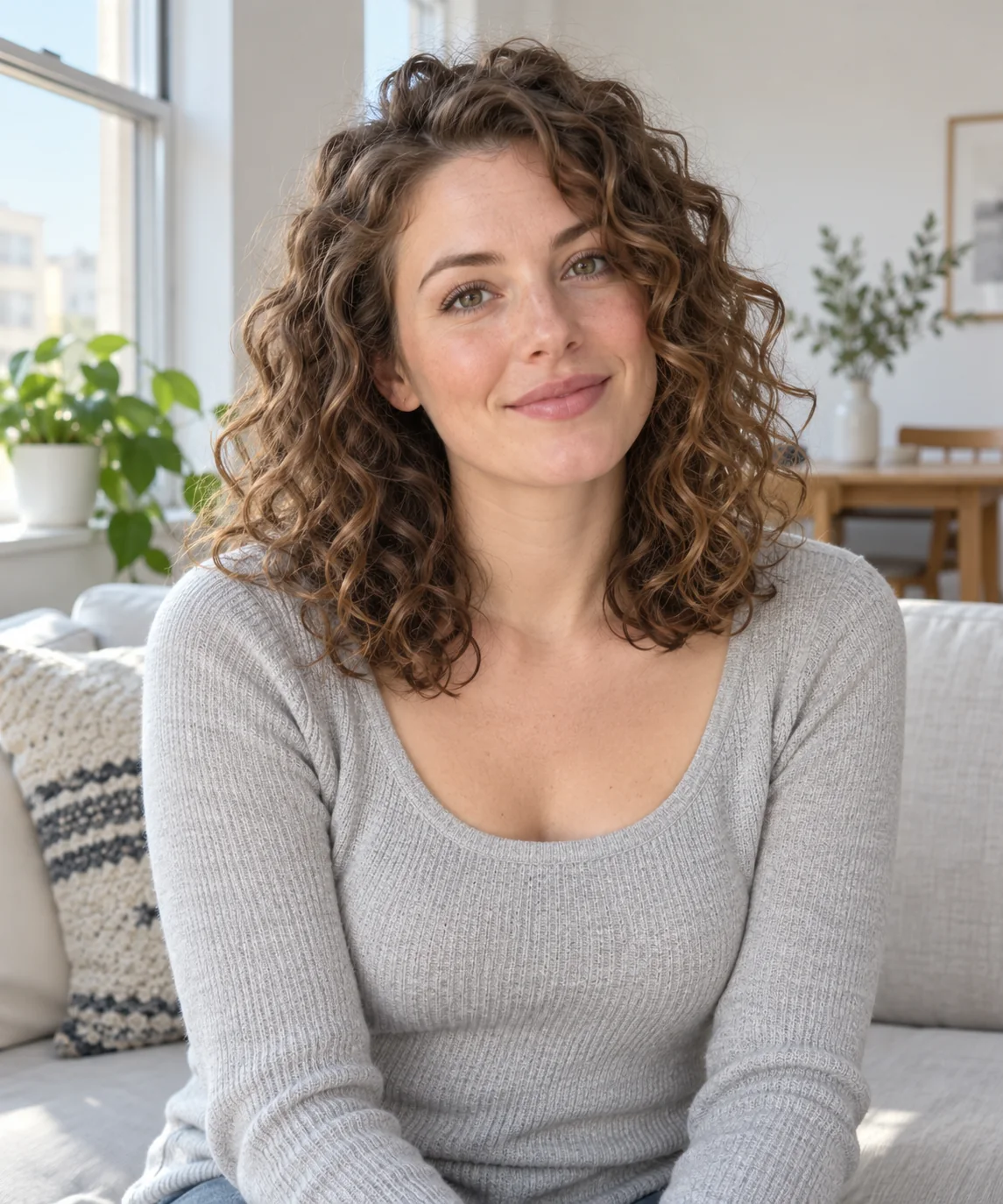Collarbone-length curly lob with restrained long layers