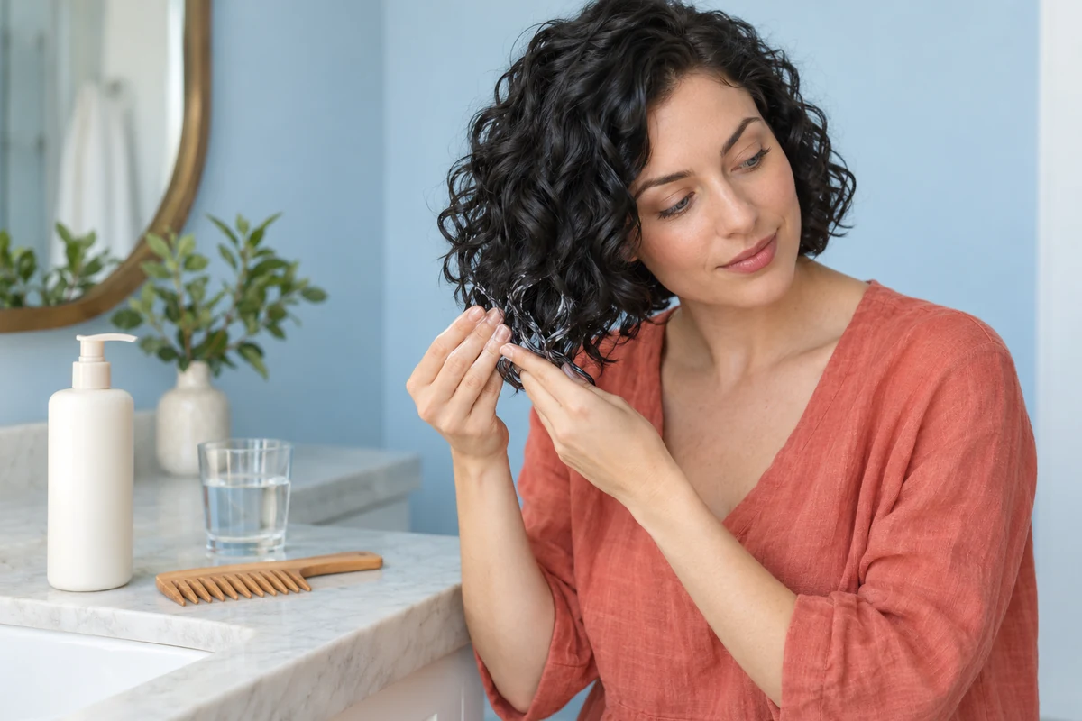 Woman smoothing conditioner through the ends of her short black curls
