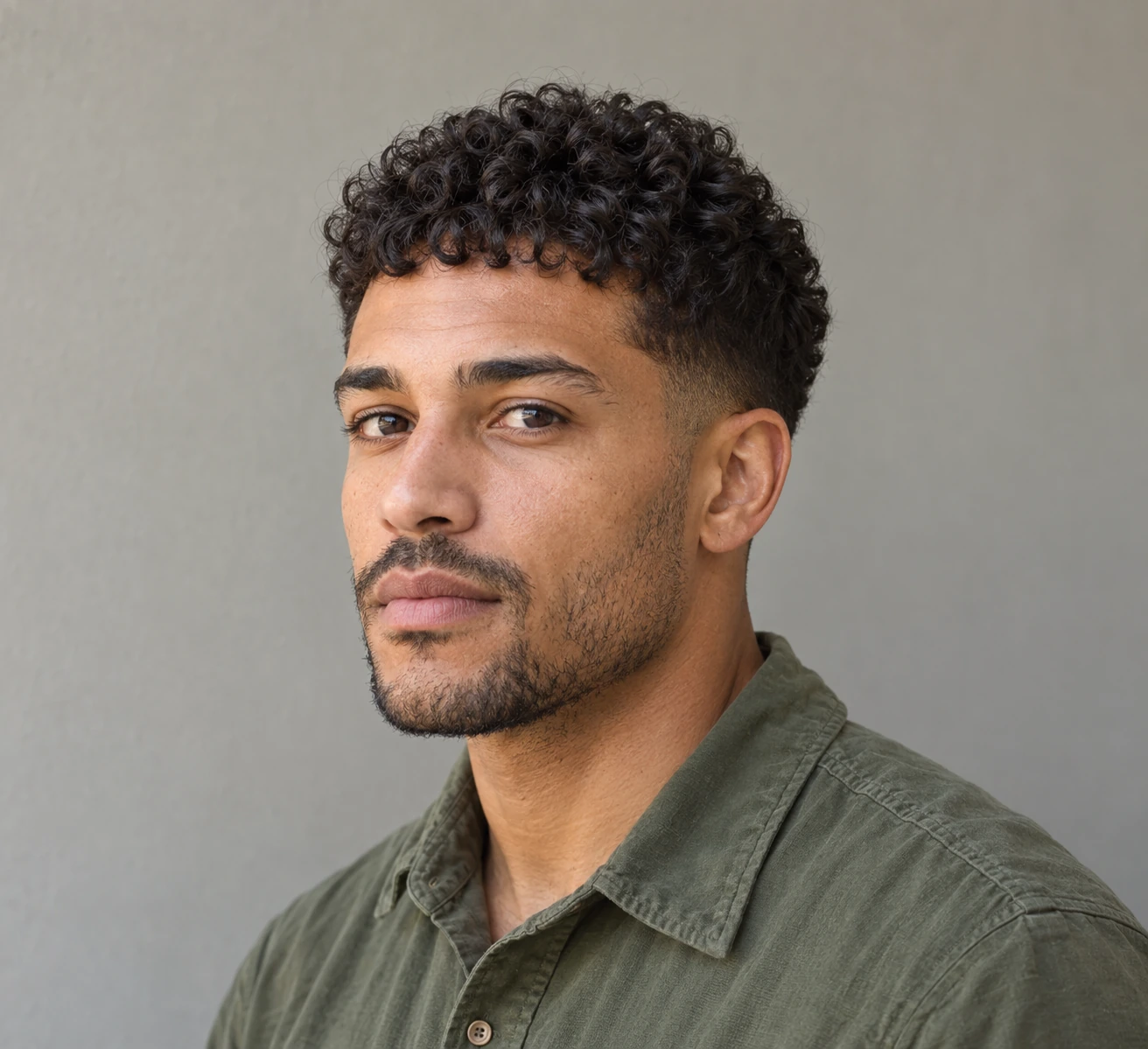 Man with a short cropped curly fringe above the eyebrows
