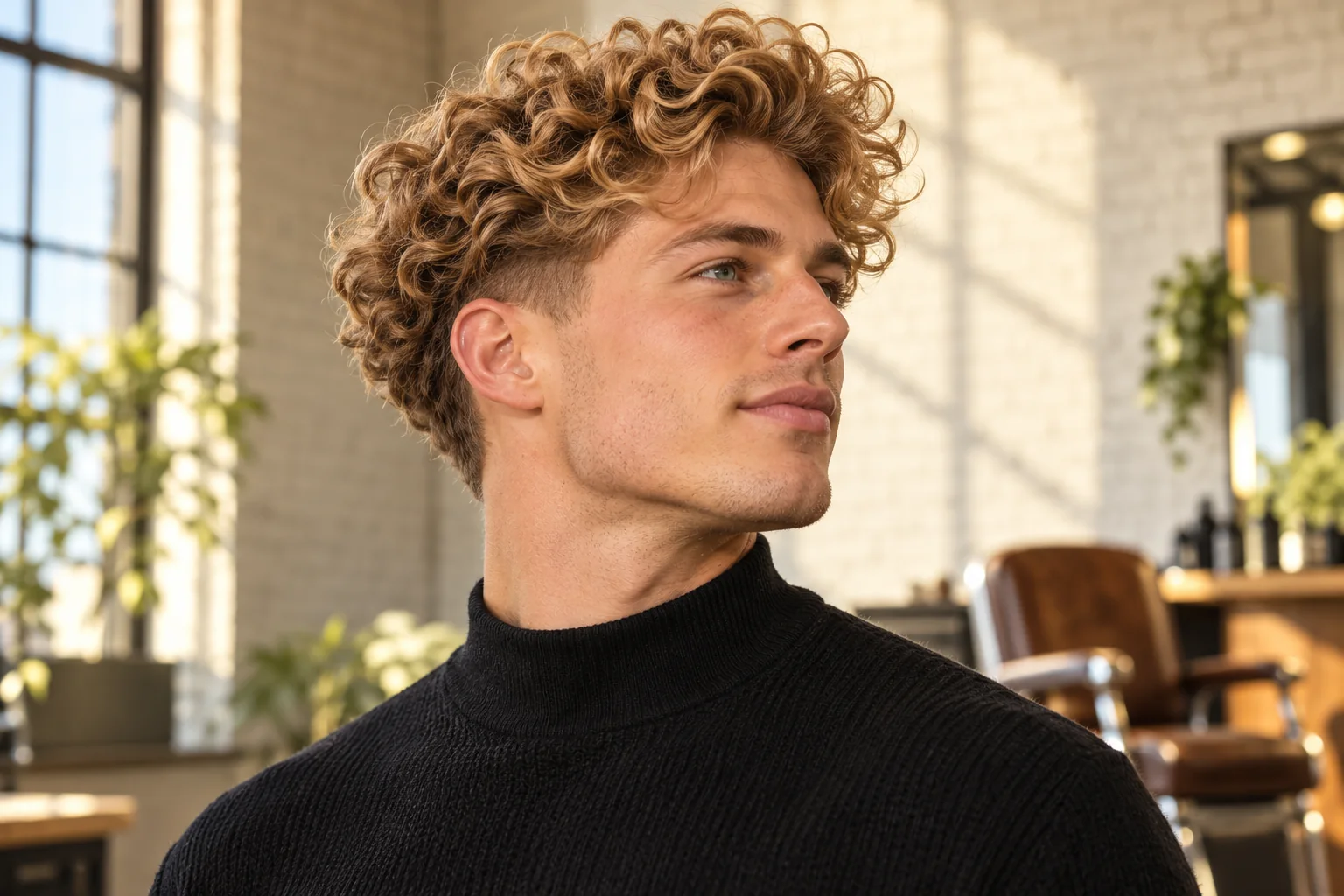 White man with a high-volume blond curly blowout and softly tapered edges.