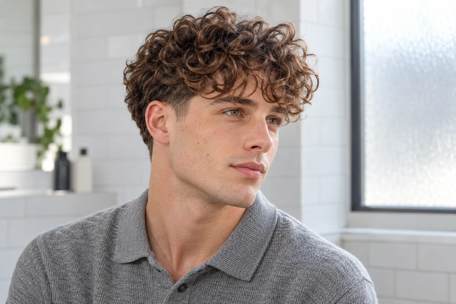 White man with a soft curly fringe at eyebrow length and tapered sideburns.