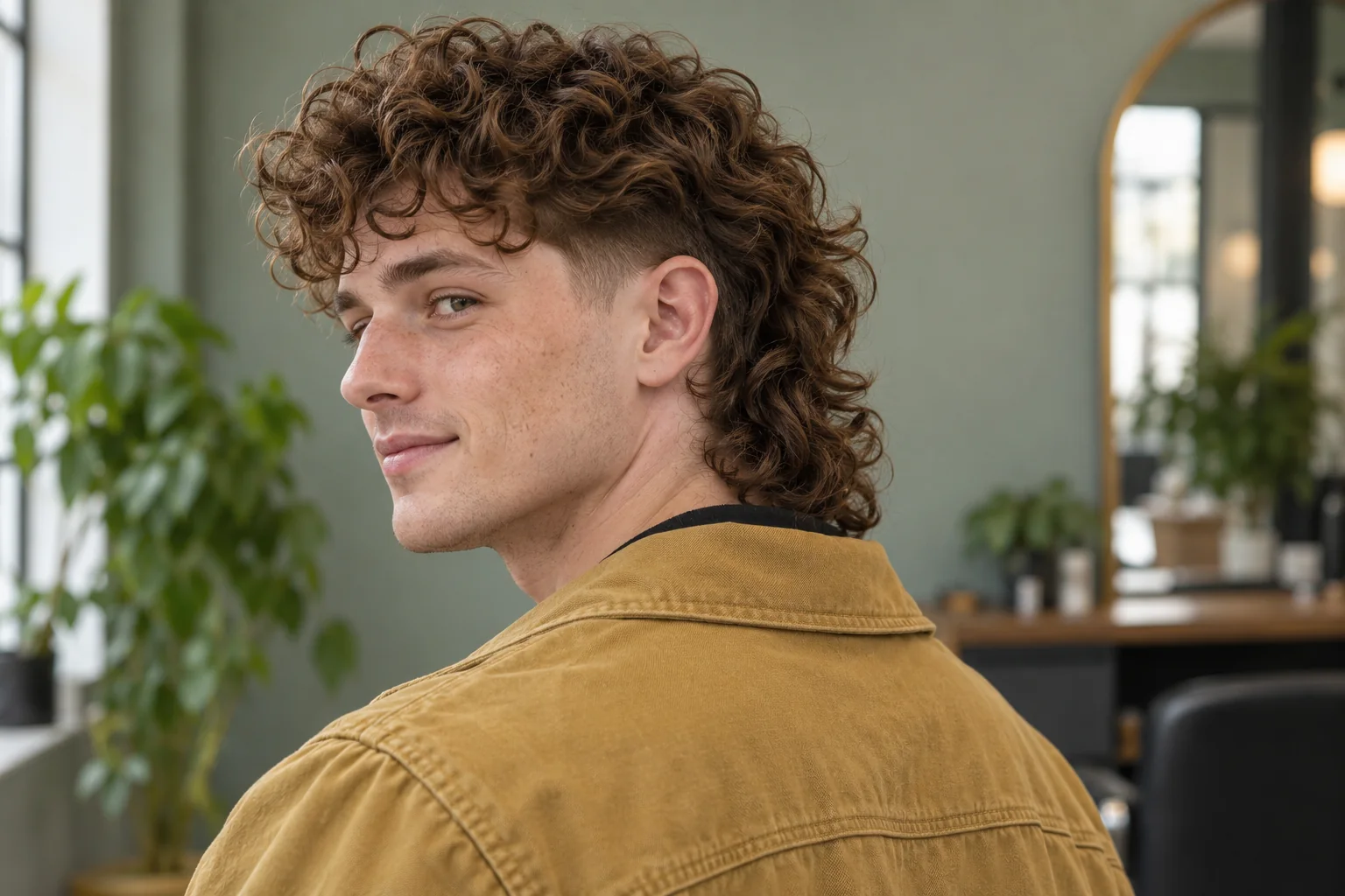 White man with a shaped curly mullet, longer back and low temple taper.