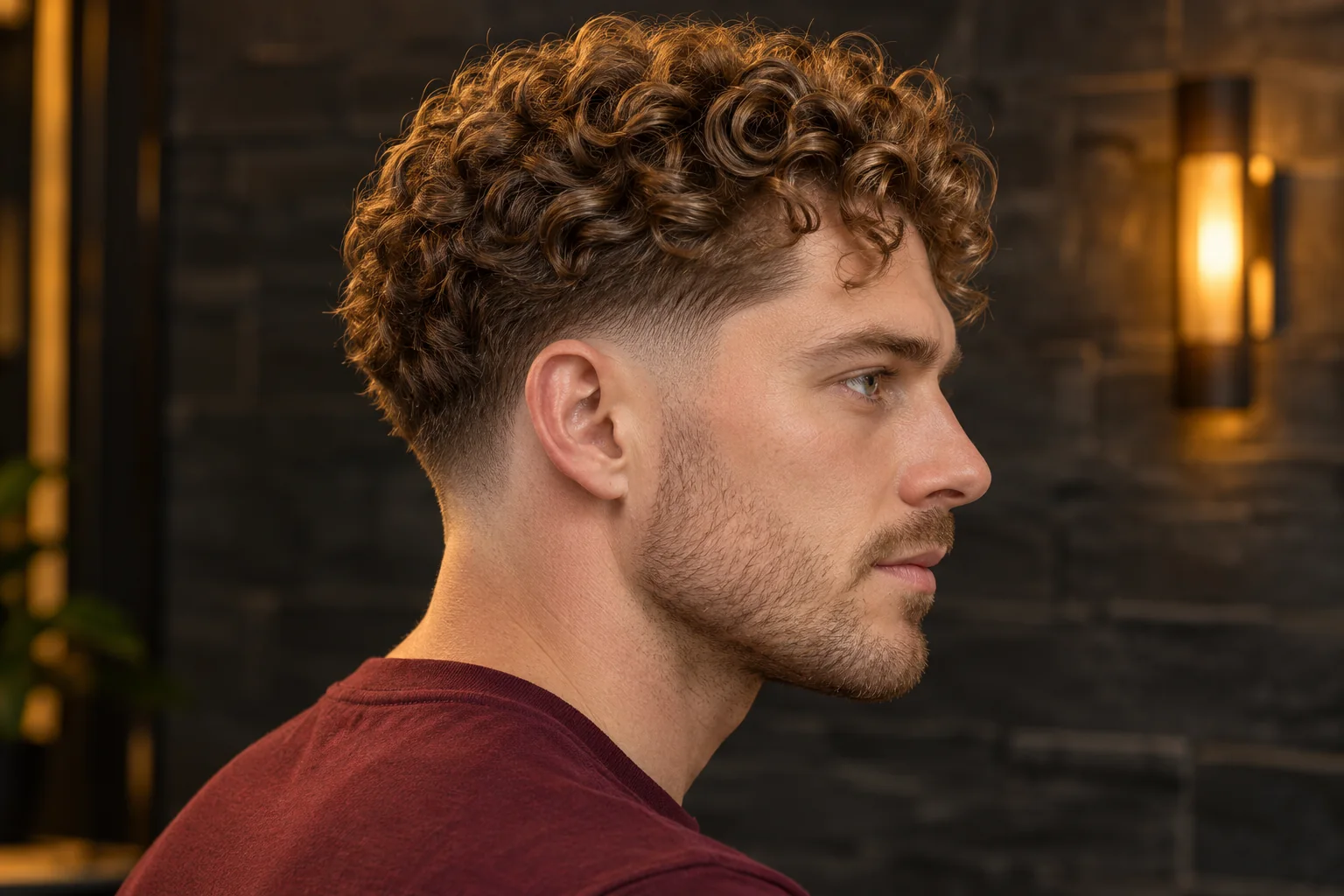White man with defined brown curls and a near-skin taper around the lower temple.