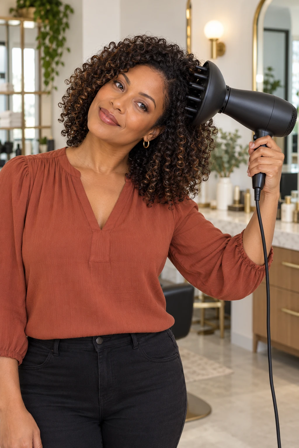 Woman tilting her head sideways while holding a diffuser near the opposite curly roots