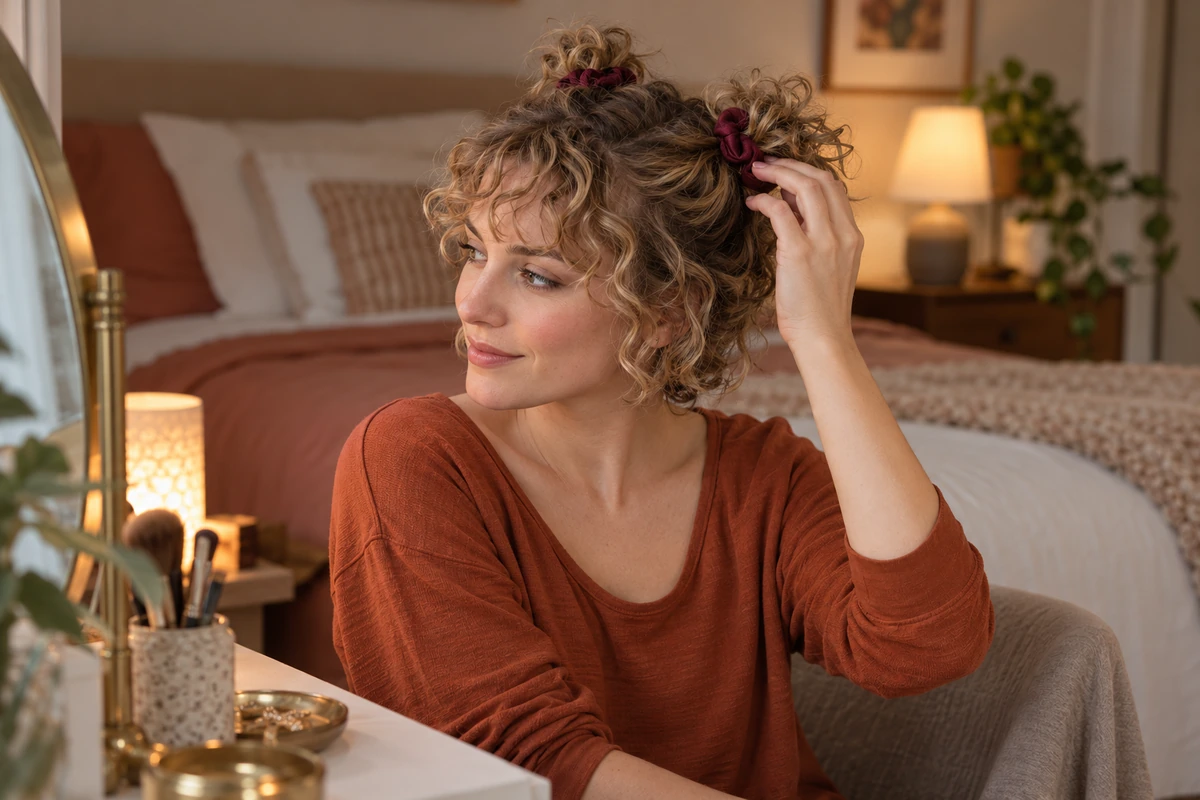Woman securing short curly hair in two loose mini pineapples with satin scrunchies