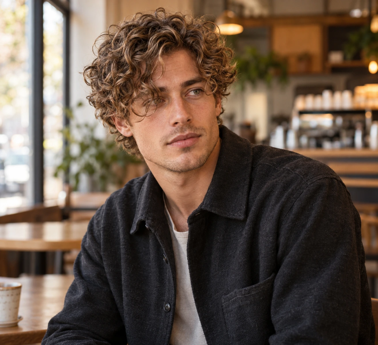 Man with a long defined curly fringe moving around the eyes