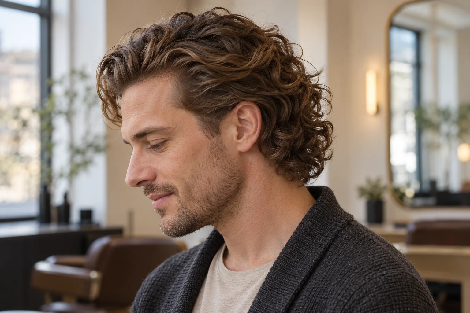 White man with longer swept-back curls and subtle cleanup around the sideburn.