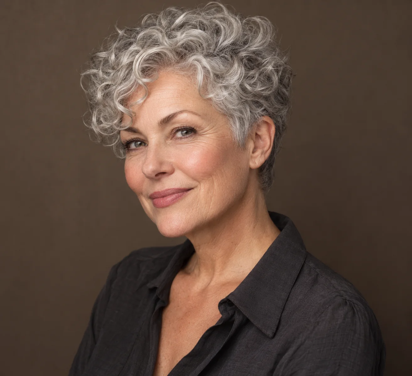 Silver curly pixie with a longer connected top and soft sides
