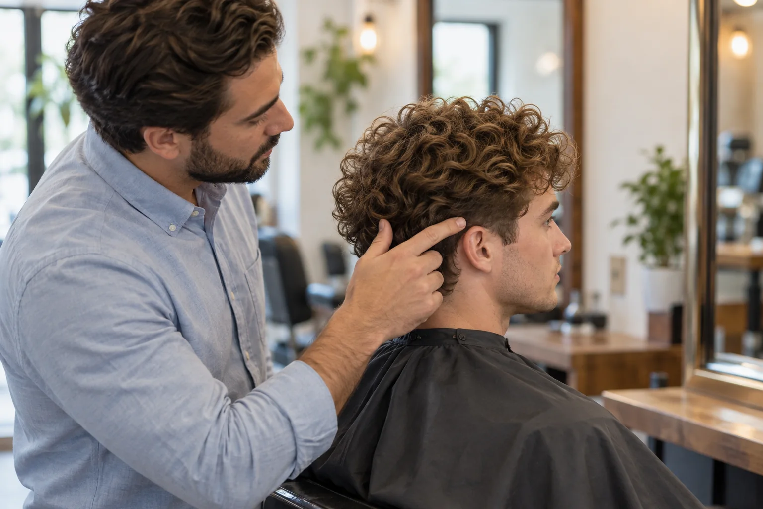 Barber showing a curly-haired client where the low taper will begin above the sideburn.