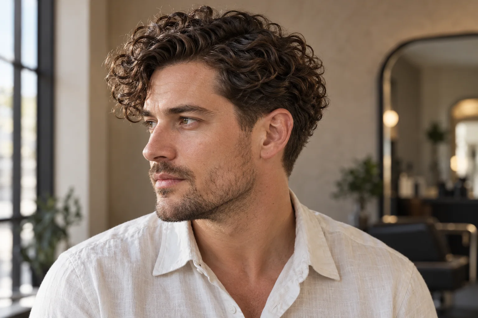 White man with medium side-swept curls and connected fullness above a low taper.