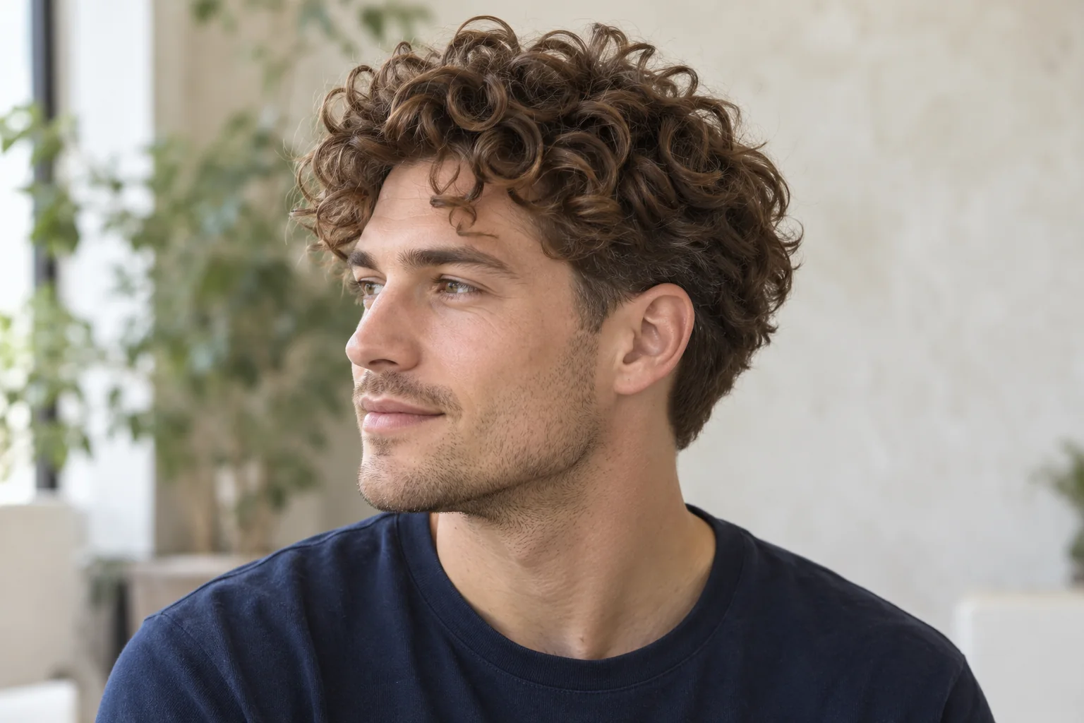 White man with a full natural curly top and softly tapered sideburns.