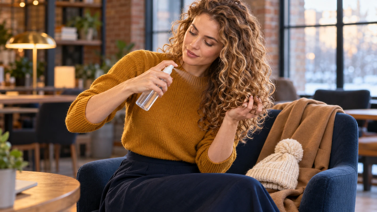 Woman lightly misting and scrunching curls after removing a winter hat