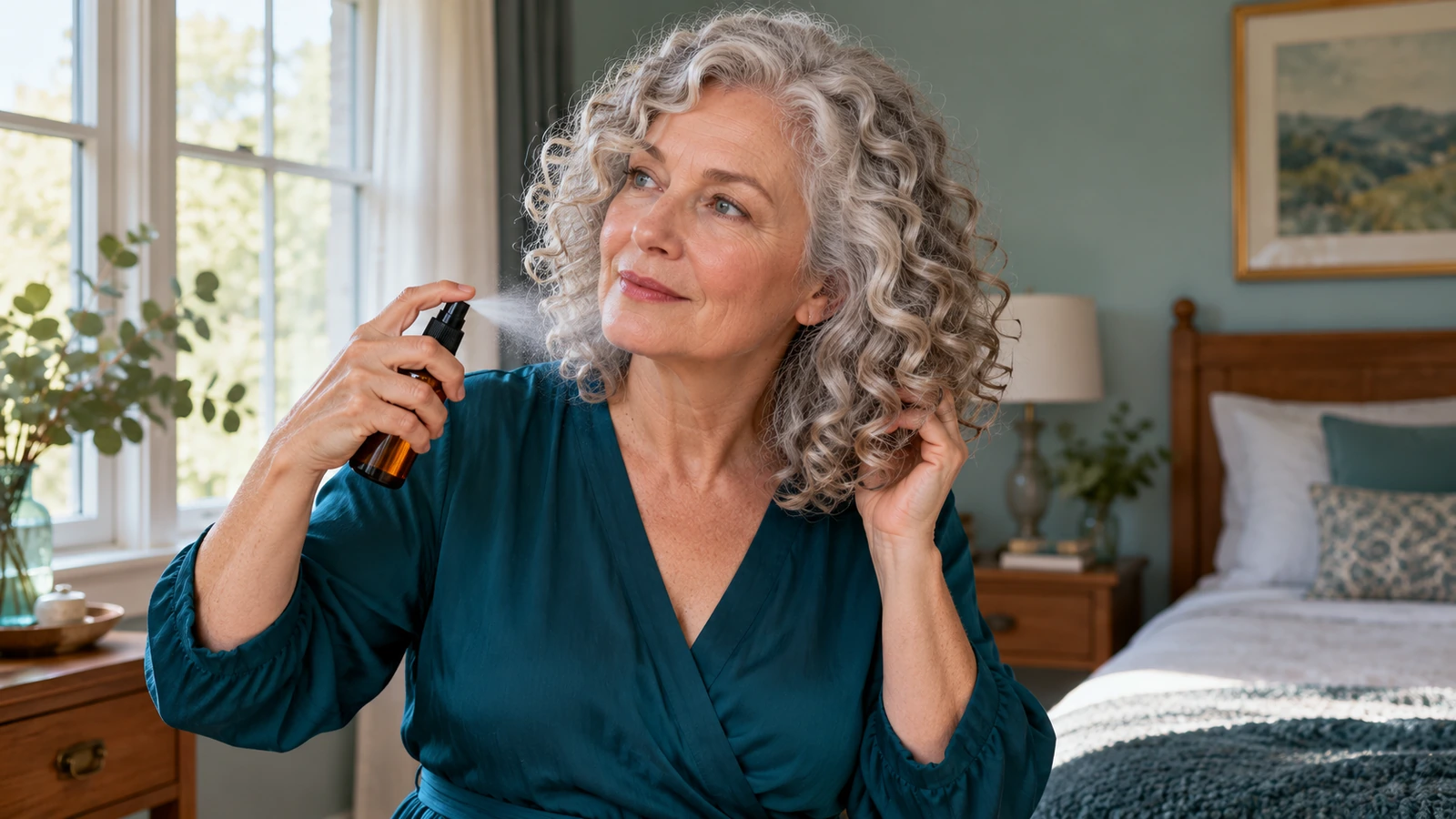 Woman misting the lengths of silver curls while keeping the roots dry