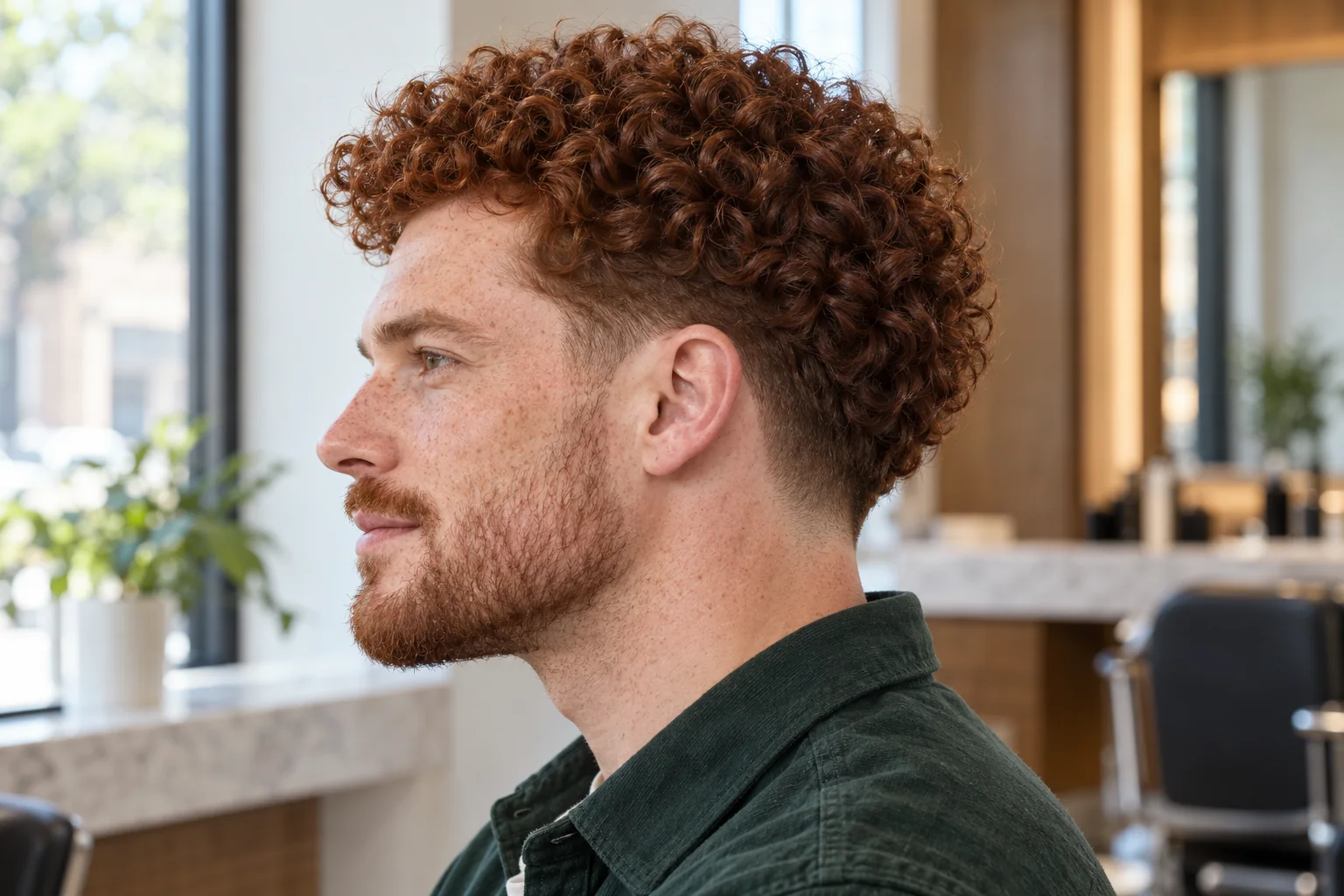 White man with dense auburn curls in a rounded top and a soft low taper.