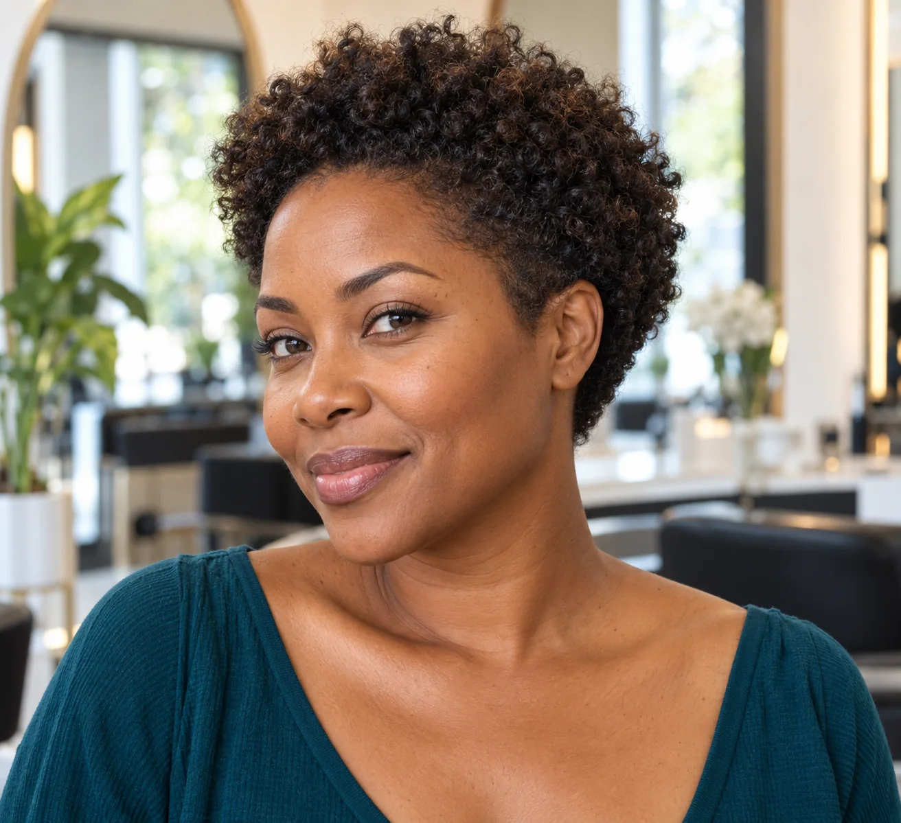 Rounded tapered crop with tight curls and softly covered sides