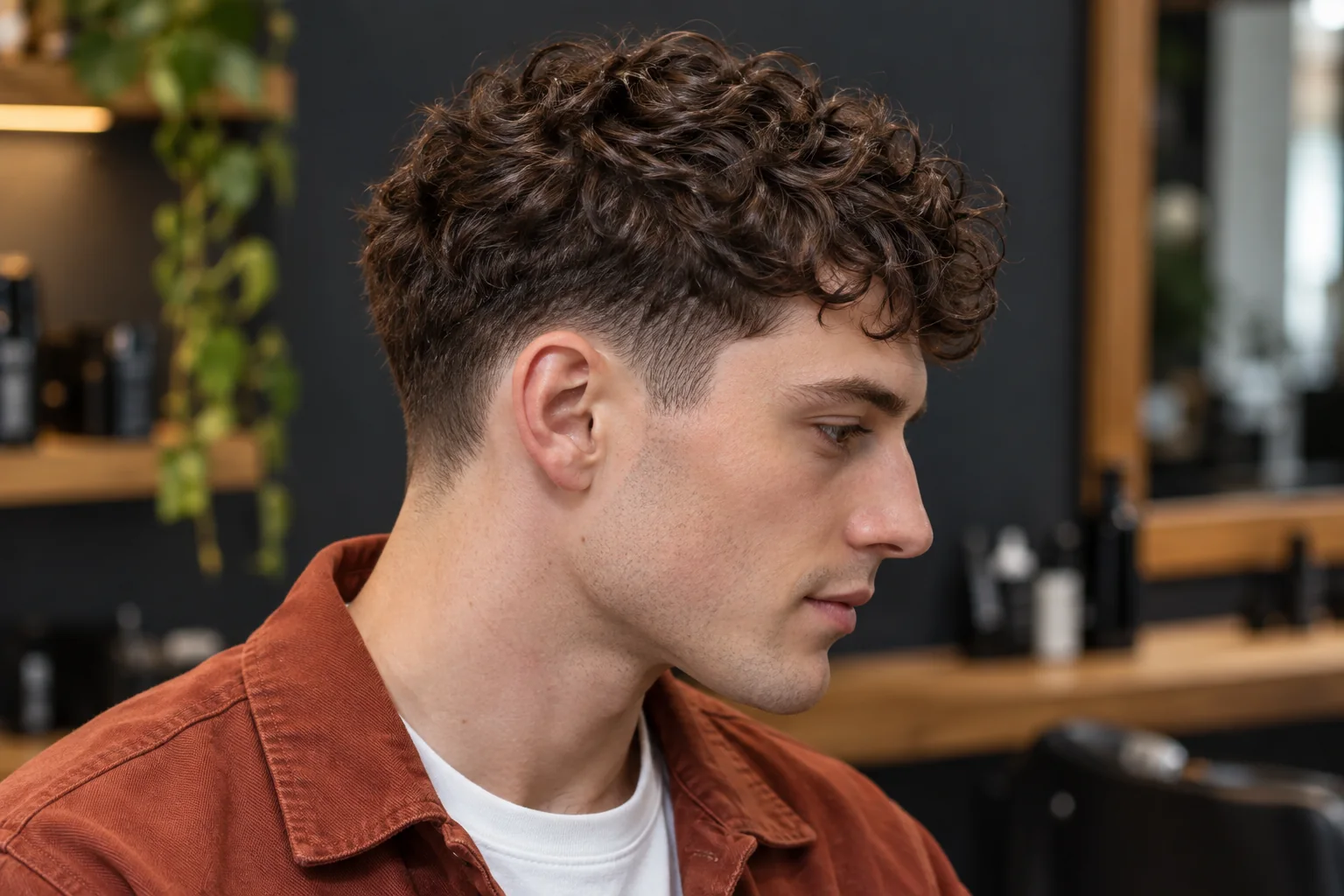 White man wearing a compact dark curly crop with a clean low taper.