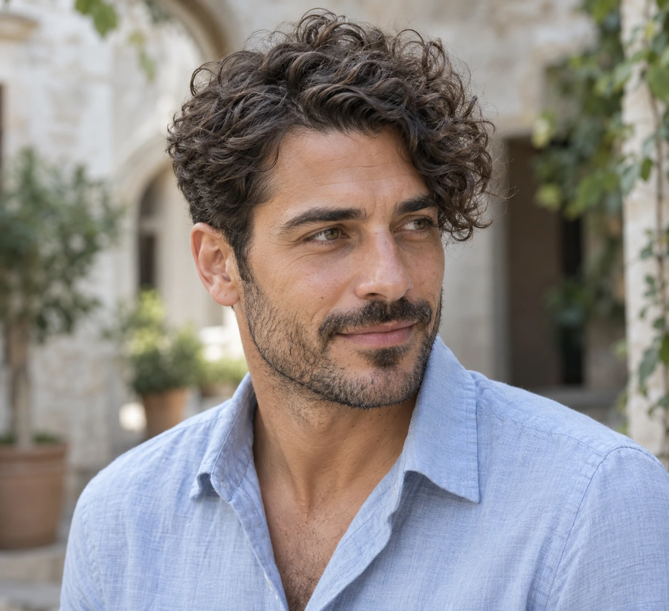 Man with a side-swept curly fringe following an off-center growth direction
