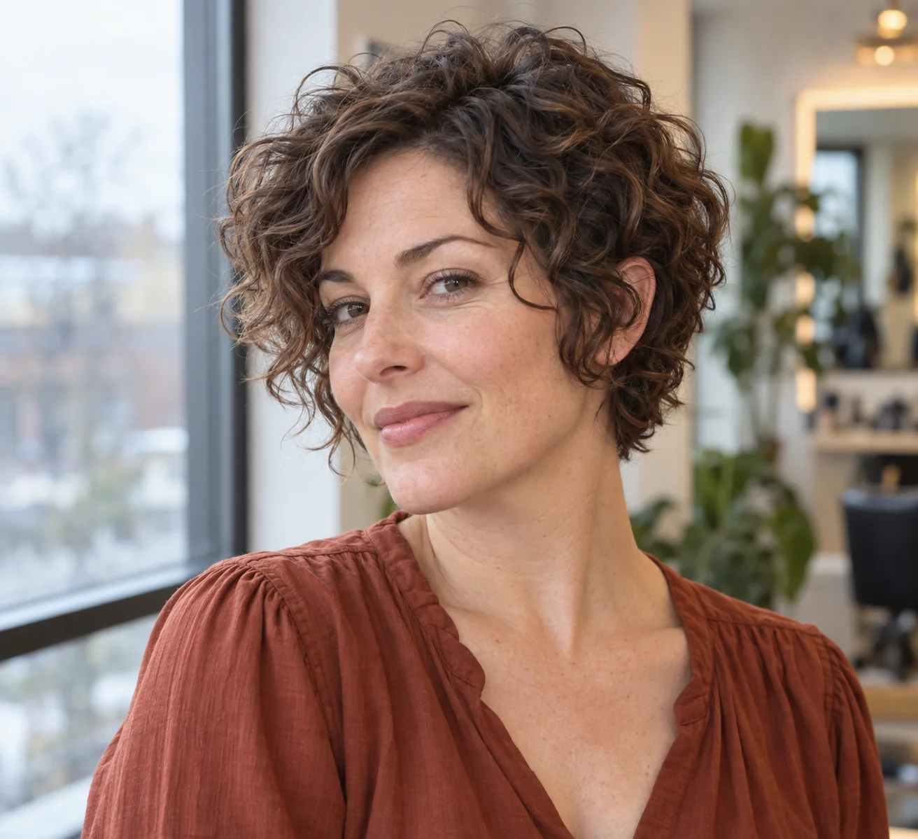Soft curly bixie with connected crown fullness