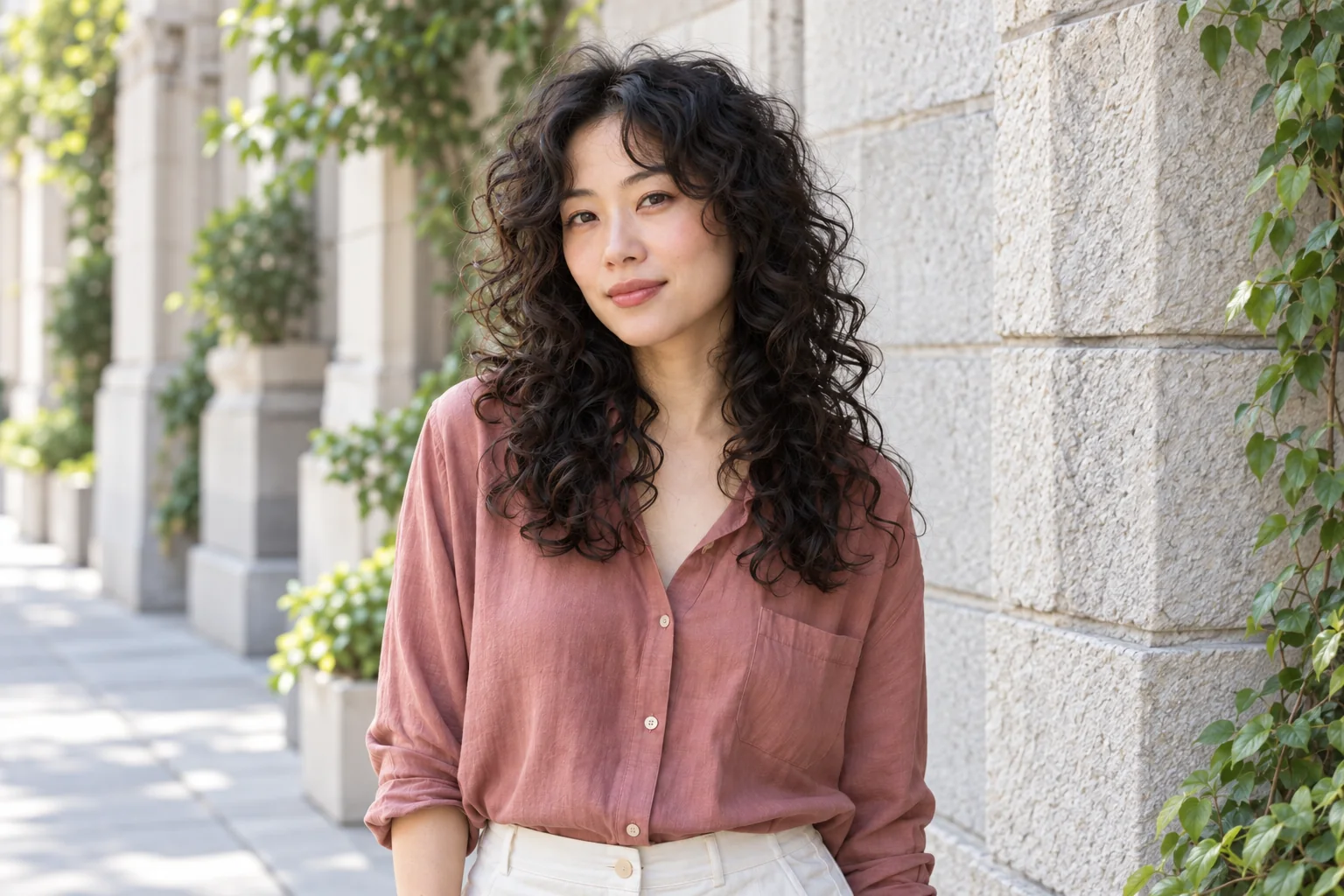 Soft curly shag with gentle crown layers and a substantial perimeter