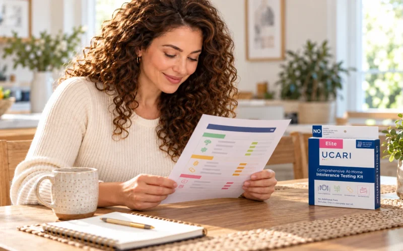 Woman with curly hair reviewing a color-coded UCARI wellness report at home with the UCARI Elite kit on the table.